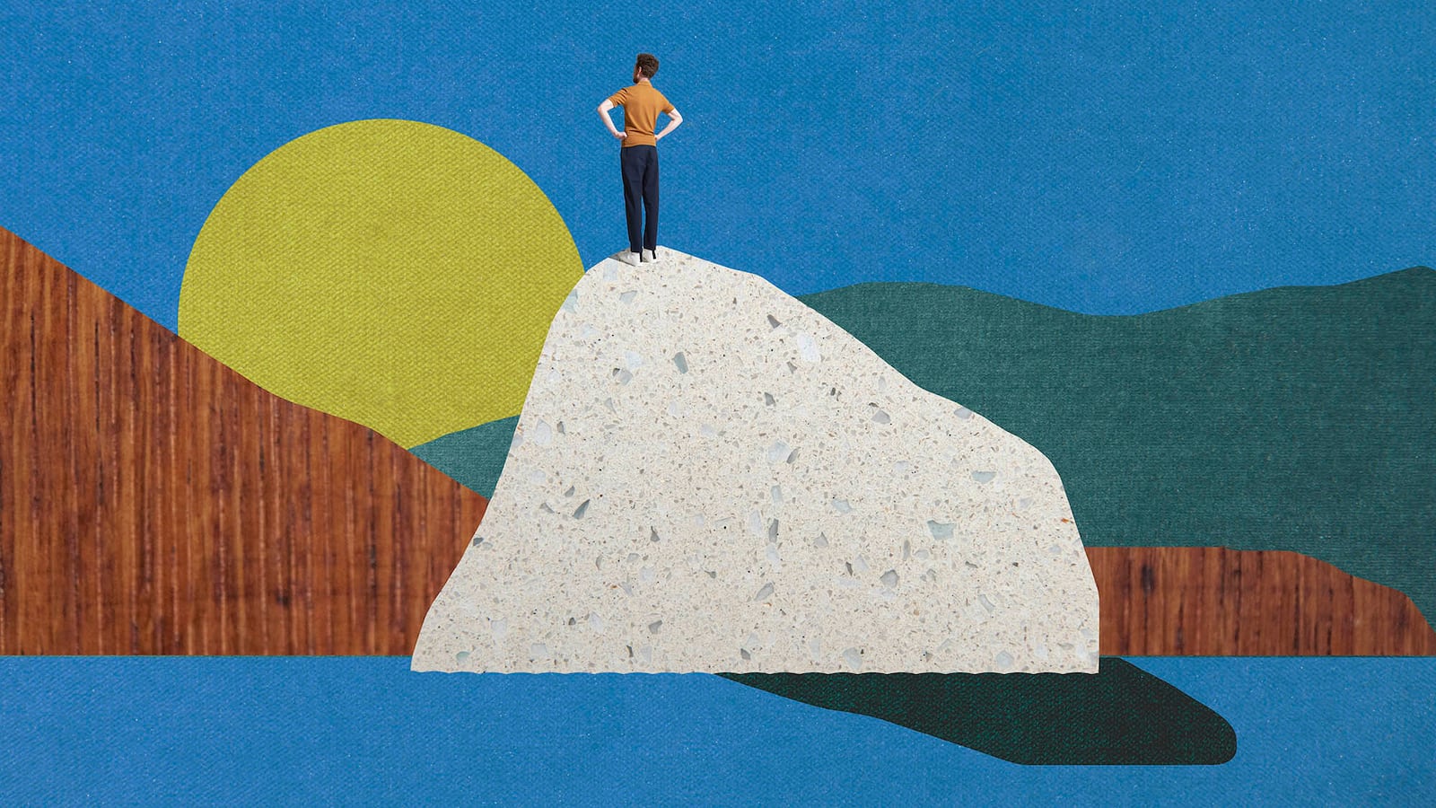 A colorful illustration showing a person standing on stop of a giant rock with the sun, a green grass hill in the background.